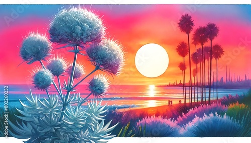 Watercolor painting of the Silver Mound Artemisia plant on a Beach at Sunset