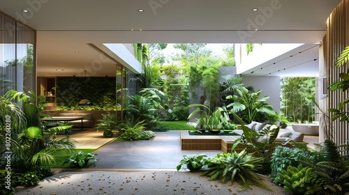 Eco-chic living space blending lush foliage with minimalist aesthetics, under the gaze of skylight halos © nur