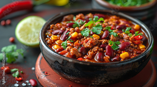Chili con carne in bowl with chili peppers. Italian food background 