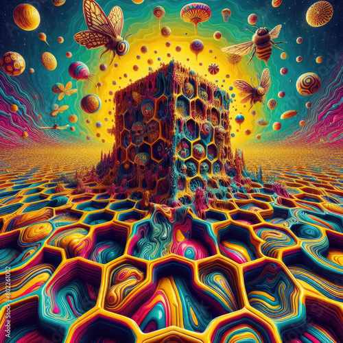 Generative AI abstract surrealism psychedelic colorful honeycomb, psychedelic honeycomb with colorful psychedelic color, abstract psychedelic honeycomb surrealism, abstract honeycomb surrealism