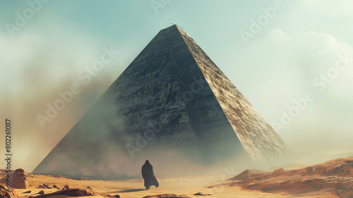 An ancient pyramid rising from the desert sands, shrouded in mystery and timelessness. photo