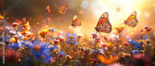 Garden Colorful butterflies fluttering in a sunlit wildflower garden