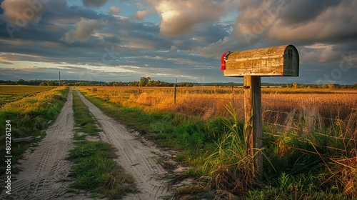 Charming mailbox adorned with a red flag awaits mail collection amidst lush farmland, bathed in the warm glow of dusk © nur
