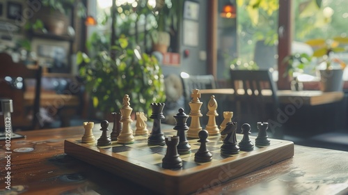A serene scene of a chess board in a cozy cafe, its relaxed atmosphere and casual players representing the social aspects of the game on International Chess Day.