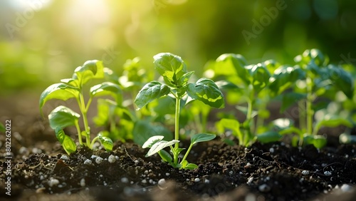 Growing Herbs in Rich Soil on a Sunny Day yields Vibrant Green Plants. Concept Gardening, Herbs, Natural Sunlight, Rich Soil, Vibrant Green Plants