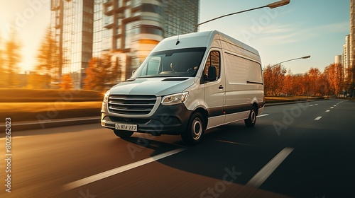 White modern delivery small shipment cargo courier van moving fast on motorway road to city © Vasiliy