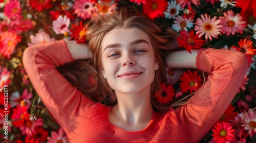 Woman laying in a field among the summer flowers. She is smiling and enjoying.