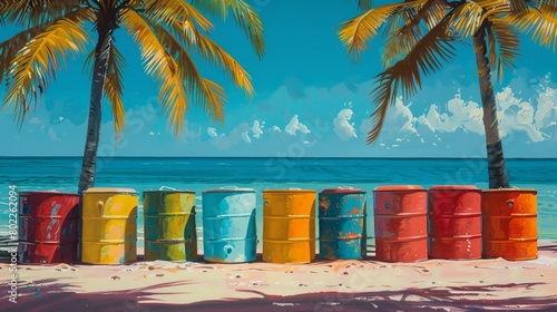 Brightly painted cooler boxes arranged in a neat row on a sandy beach under the harsh midday sun. © nur
