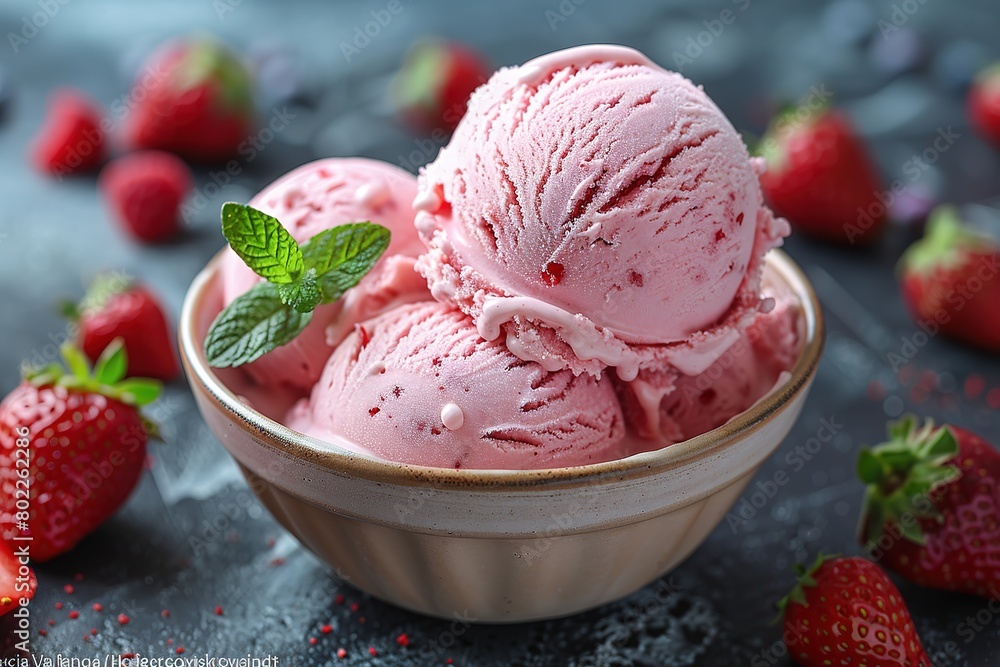 Strawberry ice cream in white bowl close up Strawberry ice cream in white bowl close up