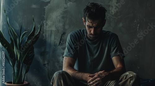 Depressed man thinking of difficult decision, feeling doubtful. Unhappy stressed guy suffering from psychological problems. Drug and alcohol addiction.