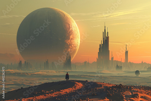 researcher of new worlds against the background of an inspiring futuristic alien landscape with a city in the desert