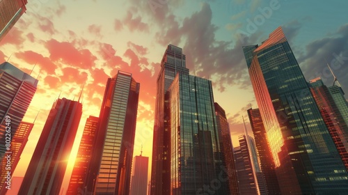 Skyscrapers against the sky high-rise buildings at sunset cityscape with skyscrapers 3D rendering © imlane