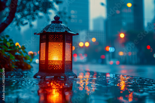 Rainy Evening with Glowing Lantern Reflecting on Wet Urban Street