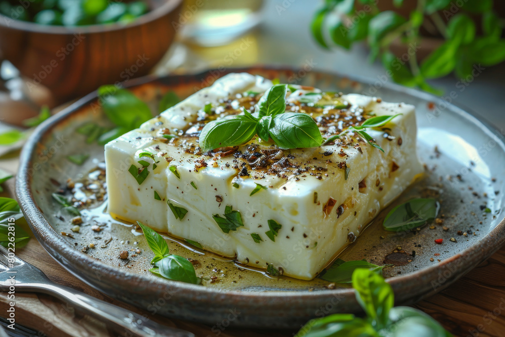 Fresh Feta Cheese Block Drizzled with Olive Oil and Herbs on a Rustic Plate Fresh Feta Cheese Block Drizzled with Olive Oil and Herbs on a Rustic Plate