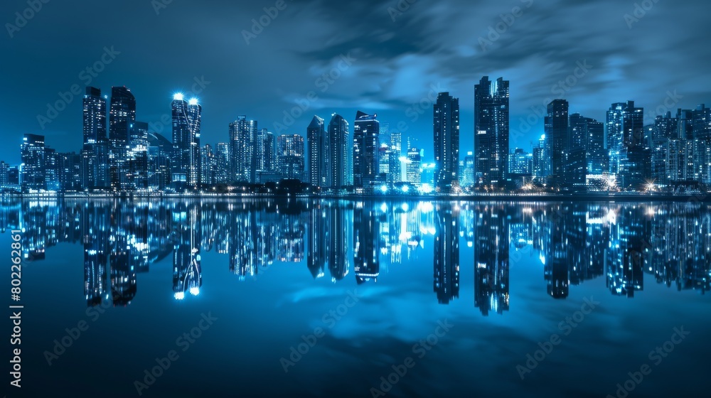 Blue tone panorama of waterfront city skyline with reflection.