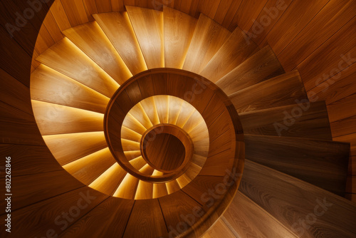 Spiral Wooden Staircase from Above in Warm Lighting