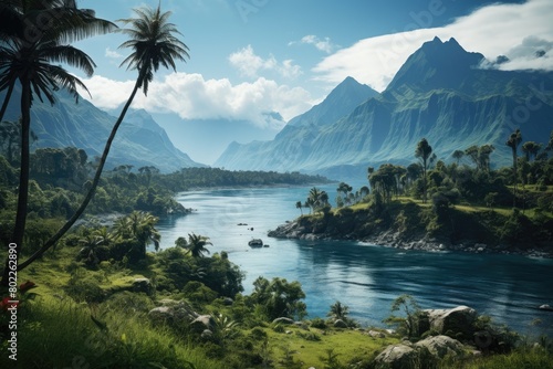 Papua New Guinea landscape. River and lush green valley with mountains on background. Generative ai. Green grass. Blue sky with white clouds. photo