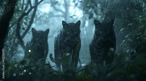Trio of wild cats prowling in the misty jungle, the environment bathed in a ghostly silver light, tense and ominous. © nur