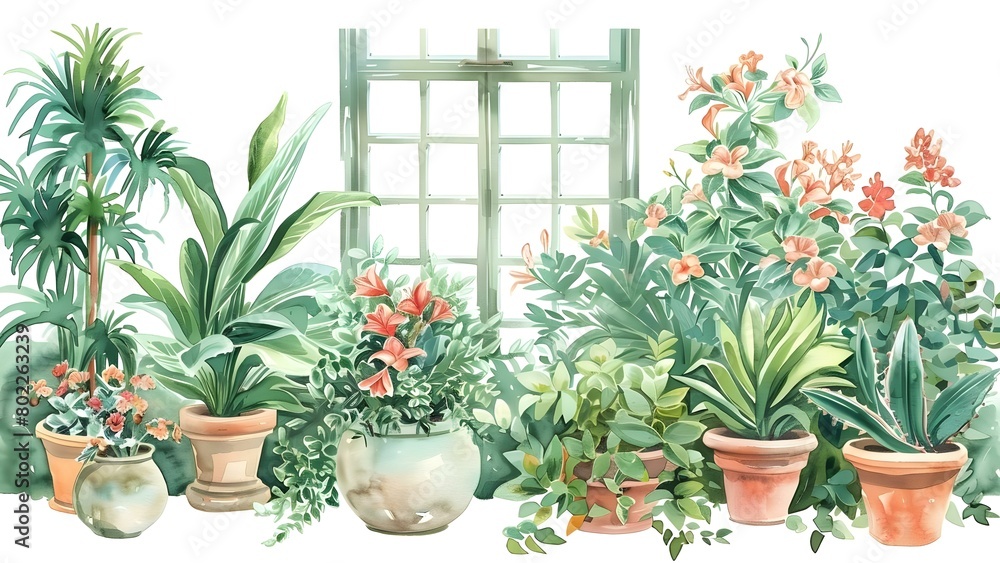 Watercolor painting of indoor potted plants and flowers in a home. Concept Watercolor painting, Indoor plants, Potted flowers, Home decor