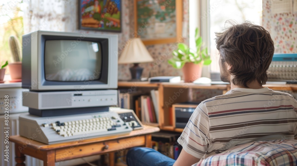 Person sits surrounded by old-fashioned tvs and computers, evoking nostalgia Person sits surrounded by old-fashioned tvs and computers, evoking nostalgia