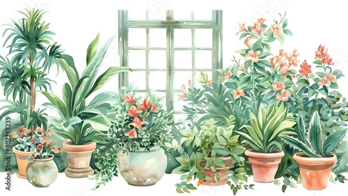 Watercolor painting of indoor potted plants and flowers in a home. Concept Watercolor painting, Indoor plants, Potted flowers, Home decor