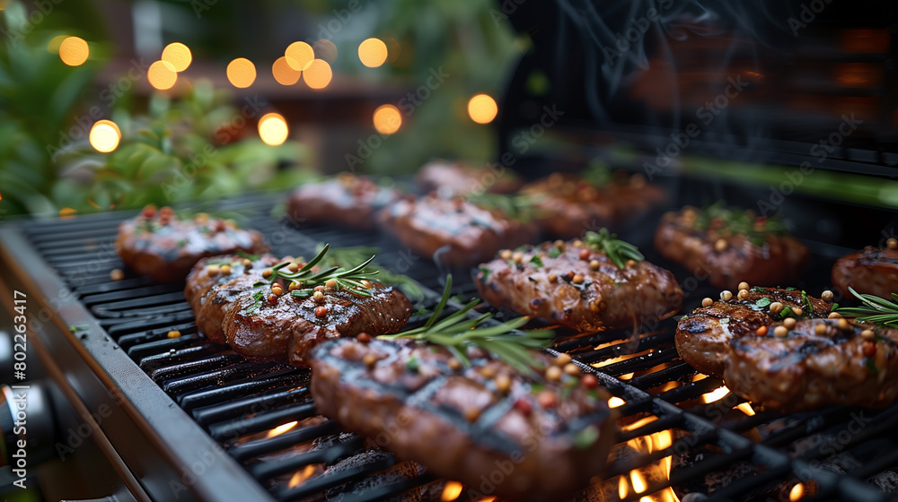 A grill with beef steaks and rosemary.
