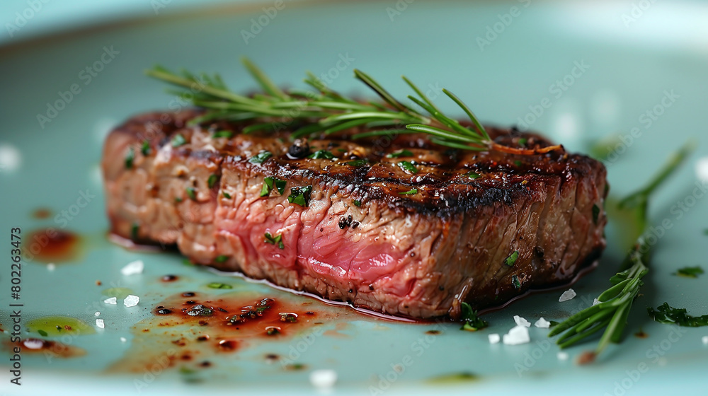 A grilled beef steak in a dish with rosemary. 