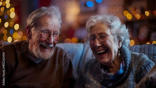 Elderly couple bonding laughing and sharing jokes in living room together. Concept Family Bonding, Elderly Love, Laughter, Quality Time, Living Room Harmony