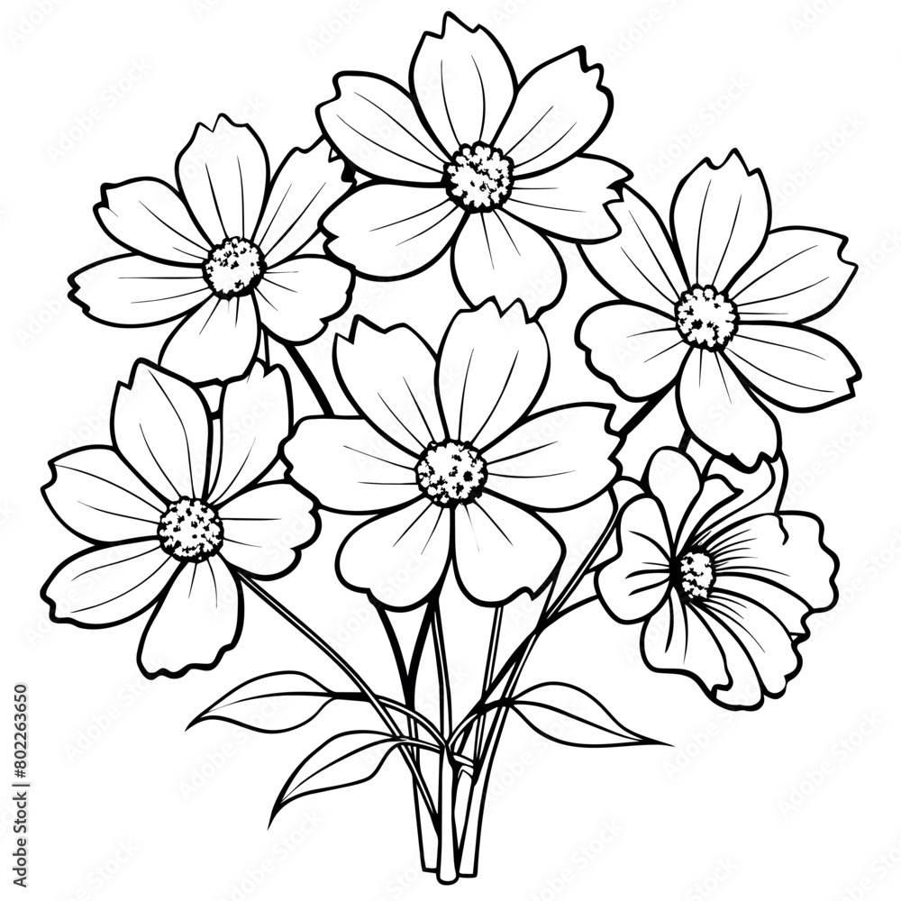 Cosmos Flower Bouquet outline illustration coloring book page design, Cosmos Flower Bouquet black and white line art drawing coloring book pages for children and adults
