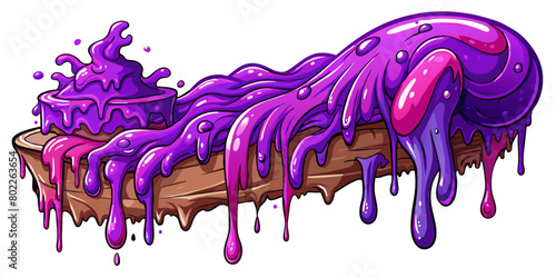 Bright purple slime oozes around the edge of the tree surface,dripping and pooling underneath.Its consistency appears dense and sticky,its glossy sheen suggesting a moist,shiny texture.AI generated.