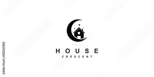 crescent night with house chimney stars modern flat clean minimal logo premium vector photo