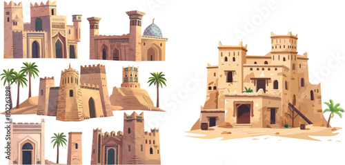 Arabian heritage mud stall in africa desert, set neat vector illustration