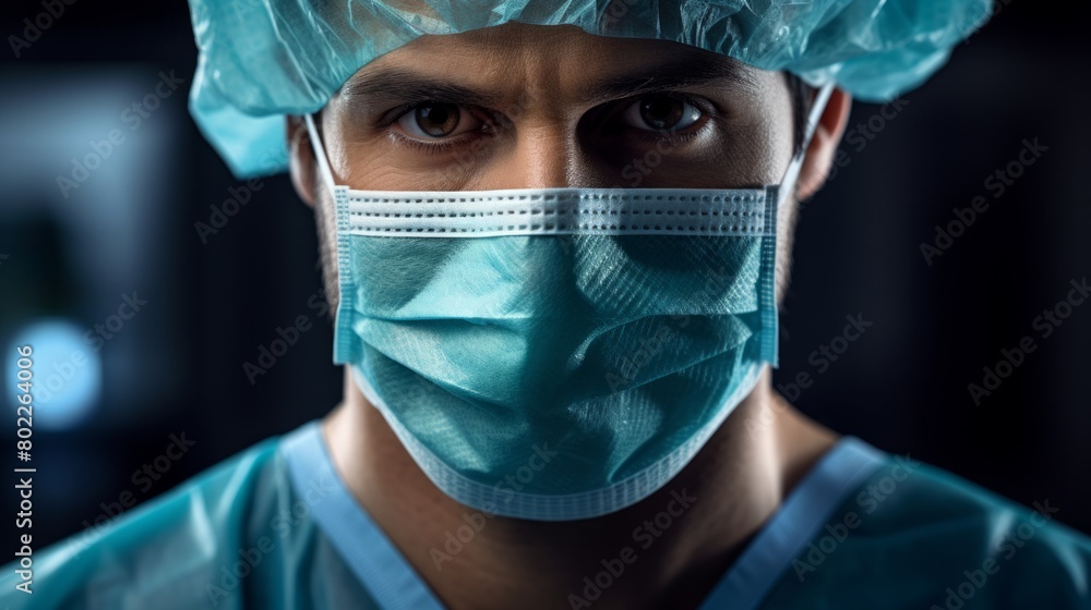 Male Health Care Worker Looking at Camera. Portrait Close Up Doctor Nurse Wearing Protective Mask. First Responder is wearing mask and looking to the camera Male Health Care Worker Looking at Camera. Portrait Close Up Doctor Nurse Wearing Protective Mask. First Responder is wearing mask and looking to the camera