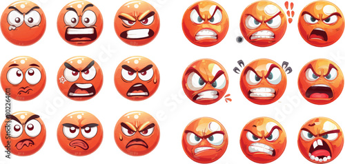 Anger emoticons. Angry emoji set, shocked and resentful, suspicious and malevolent,