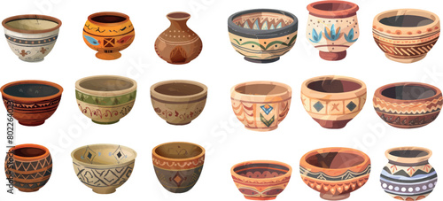 Ceramic ancient bowls. Ancients decorative pottery objects vector illustration