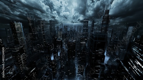 3d urban abstract background with dark sky and black buildings futuristic city panorama illustration.  photo