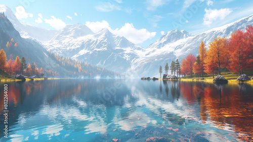 A tranquil mountain lake reflecting snow-capped peaks and colorful autumn foliage on its shores. photo