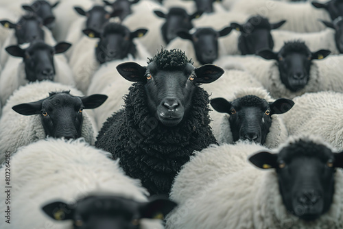 Black sheep in the middle of a white flock, a crowd of sheep around the black one looking at the camera, a concept of individuality and atomization among modern society