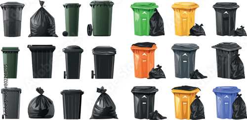 Plastic and metallic bins, black plastic bags for garbage