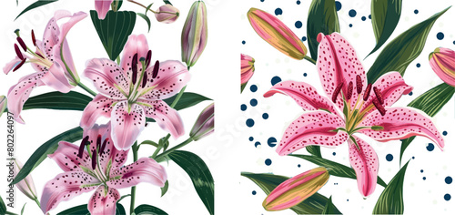 Pink lily, buds and dark spots pattern