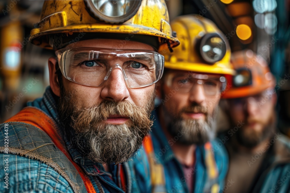 Engineer in yellow workwear with beard, wearing safety glasses, hard hat Engineer in yellow workwear with beard, wearing safety glasses, hard hat