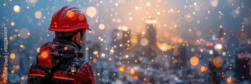 A man in a red hard hat gazes at the city under the orange winter sky at night