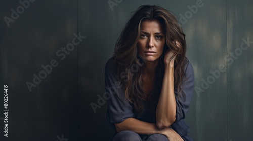 Depressed sad mid age woman alone at home, upset insecure vulnerable woman feeling frustrated powerless anxious suffer from anxiety and depression.