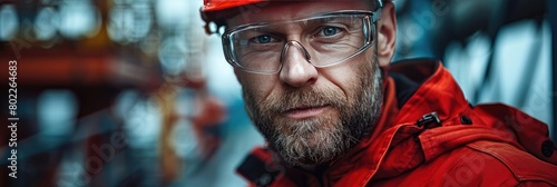 A man in safety gear gazes into the camera, wearing glasses and a hard hat