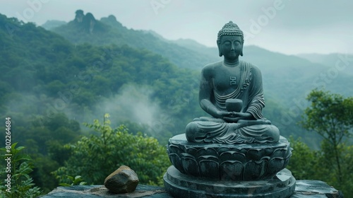 Majestic Buddha Statue Amidst Untamed Forest Backdrop © hisilly