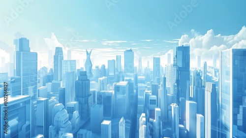3d urban abstract background with blue sky and lack buildings futuristic city panorama illustration. 