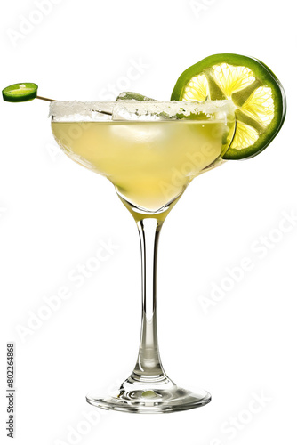 Margarita Magic Coctail  Tangy lime wedge  salt rim  and a slice of jalapeno for a kick.Alcohol Drink Isolated on Transparent Background.Design for menu  poster  banner.