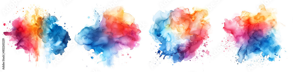 set of colorful watercolor stain isolated on white and transparent background