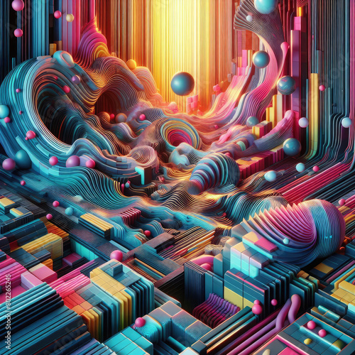 Generative AI abstract synth wave surrealism, spherical ball with abstract synth-wave waves and surrealism with oddity vibes, illusion surrealism synth-wave, synth-wave surrealism with full color photo