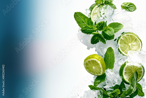 Whole and Sliced Limes with Mint on Crushed IceSummer Beverage Concept with Space for Text.Design for menu  poster  banner.
